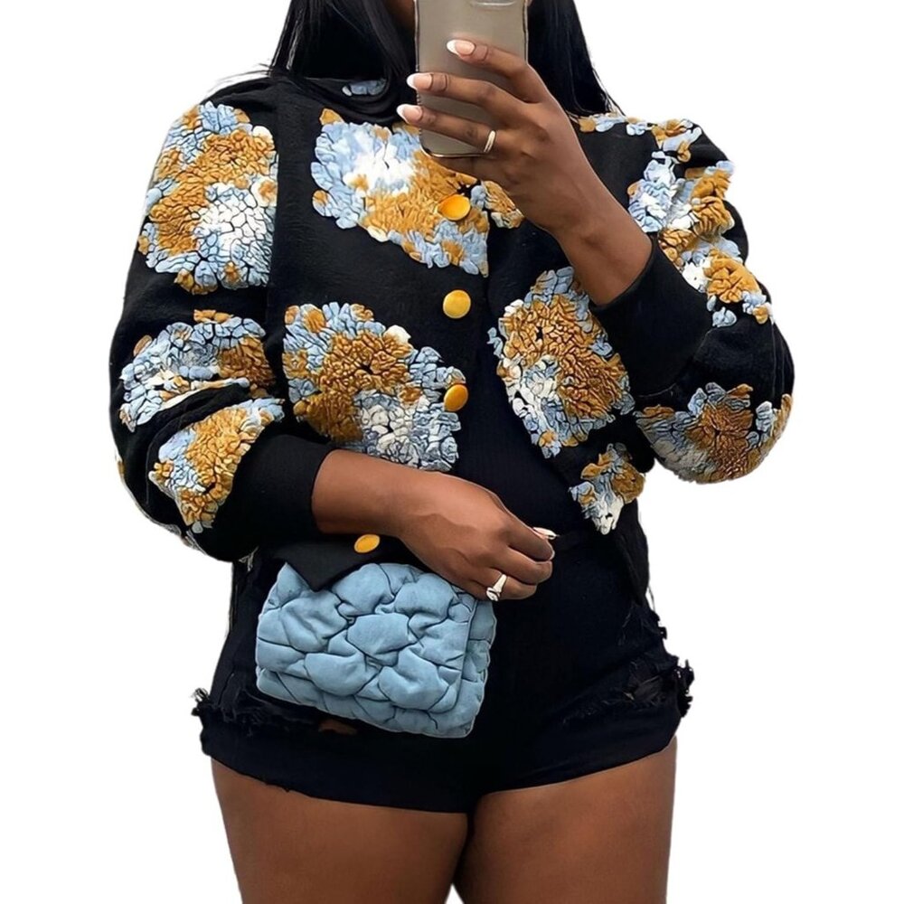 〽️Women's Yellow Flygo Cropped Floral Print Bomber Fleece Varsity Jacket